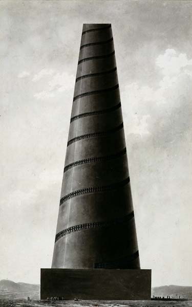 « Tour de Babel-Fanal tronconique », entre 1781et 1793,  encre, lavis gris-brun foncé, BNF http://expositions.bnf.fr/boullee/grand/110.htm 
